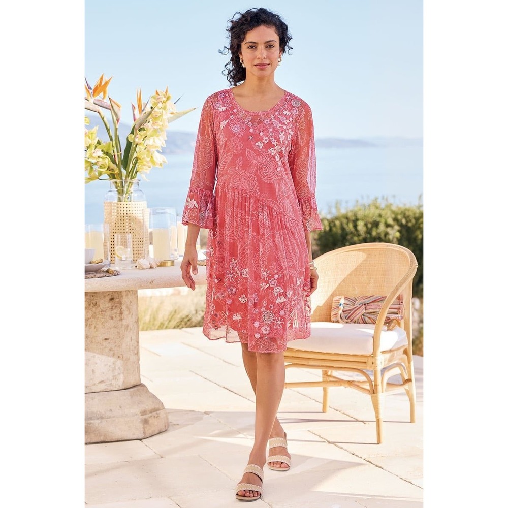 Soft Surroundings Pink Floral Print Knit Mesh Short Dress 3/4 Sleeve Size Medium